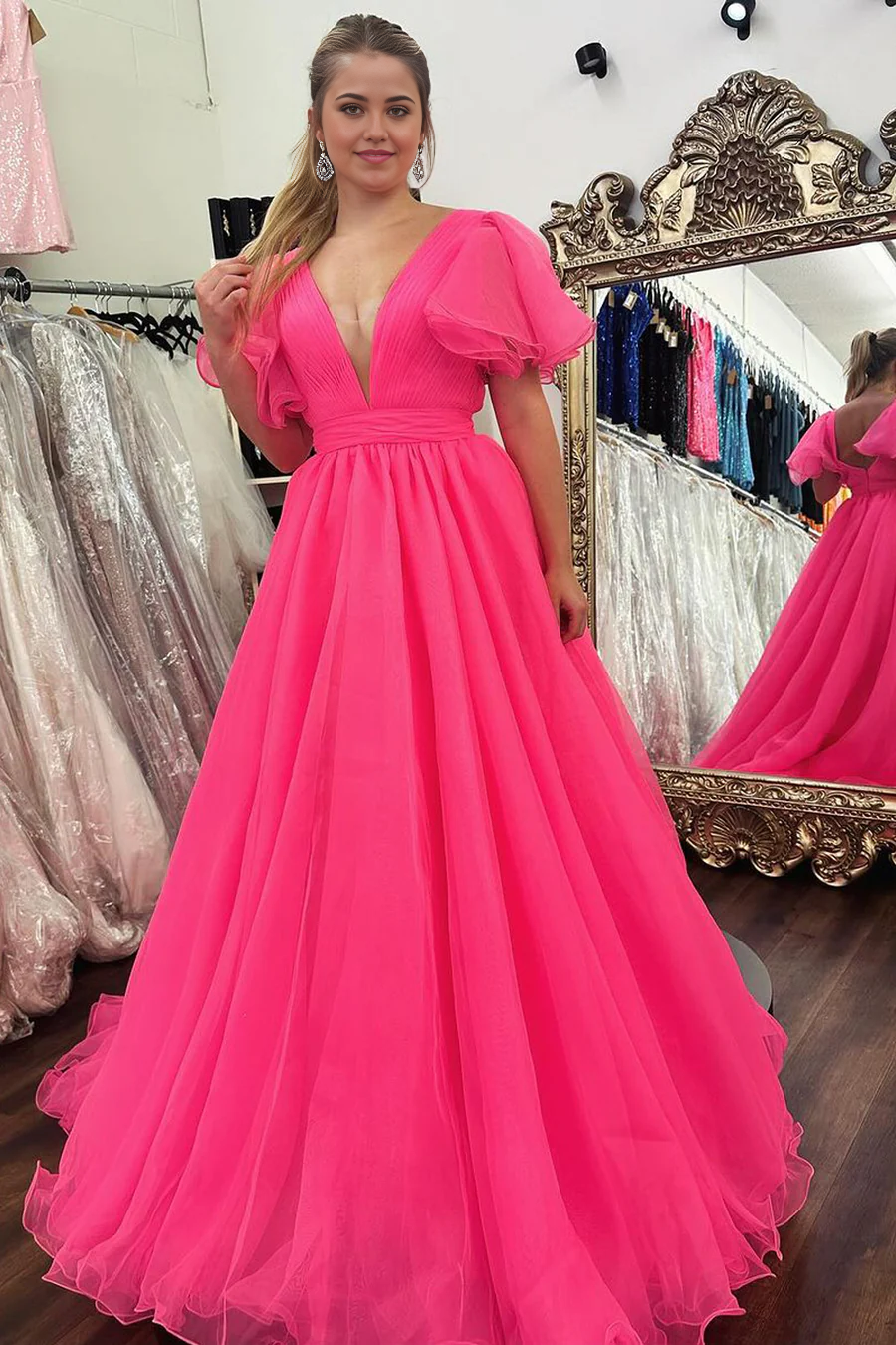 A-line V Neck Pink Tulle Cute Ball Gown Long Prom Dresses with Ruffled Sleeves